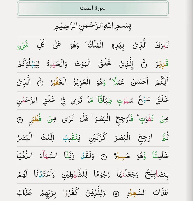 A colour-coded tajweed page in Quran Loop: the first page of Al-Mulk in the IndoPak 13-line print, with the tajweed rules coloured in the Arabic text.